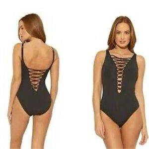 Women's UPF 50 Lace-Up One Piece Swimsuit - Aqua Green Black Large Sexy